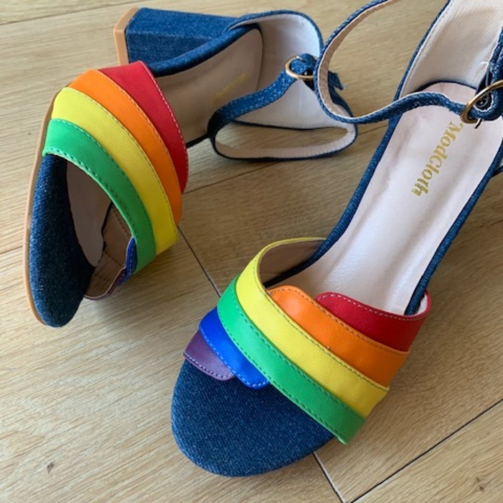 Denim rainbow sandals: Block heels, buckles